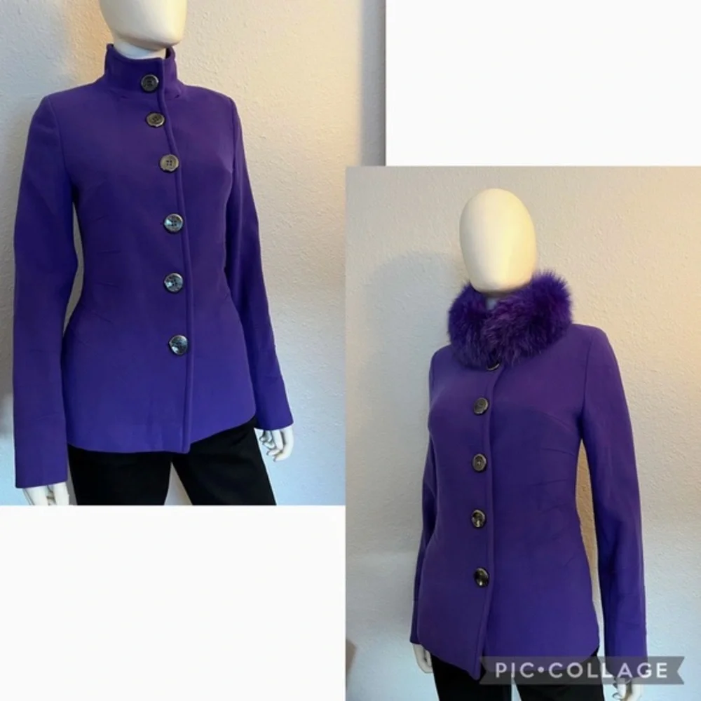 NWT WOMEN SHORT COAT  DYED REAL‎ FUR COLLAR WOOL LINED SINLE-BREASTED JACKET